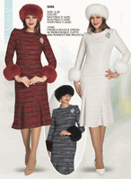 Lily & Taylor <br> (Volume 136) <br> LT5086 <br> <br> NAVY/MULTI <br>  RUST/MULTI <br>  IVORY/MULTI <br> 6 8 10 12 14 16 1268 20 22 24<BR><BR>Fine French Boucle Dress w/Removeable Cuffs And Rhinestone Brooch