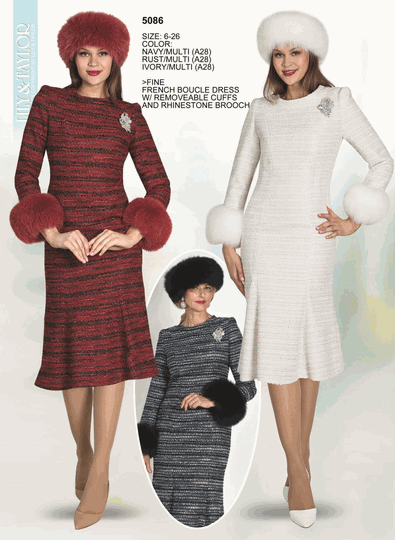 Lily & Taylor <br> (Volume 136) <br> LT5086 <br> <br> NAVY/MULTI <br>  RUST/MULTI <br>  IVORY/MULTI <br> 6 8 10 12 14 16 1268 20 22 24<BR><BR>Fine French Boucle Dress w/Removeable Cuffs And Rhinestone Brooch