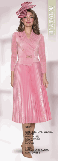 Lily & Taylor <br> (Volume 134) <br> LT5091 <br> <br> Pink  <br>  Navy  <br>  Ivory  <br>  Mocha <br> S/M L/XL 2XL/3XL<BR><BR>Foil Metallic Pleated Maxi Dress