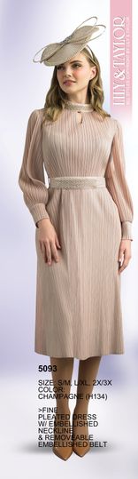 Lily & Taylor <br> (Fall/Holiday 2025 Vol. 132) <br> LT5093 <br> <br> Champagne <br> S/M L/XL 2X/3X<BR><BR>Fine Pleated Dress w/Embellished Neckline & Removable Embellished Belt