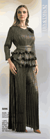 Lily & Taylor <br> (Fall/Holiday 2025 Vol. 132) <br> LT5096 <br> <br> Gold/Black <br> S/M L/XL 2X/3X<BR><BR>2 Piece Metallic Pant Suit w/Ruffled Waist Blouse & Revable Belt