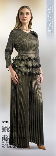 Lily & Taylor <br> (Fall/Holiday 2025 Vol. 132) <br> LT5096 <br> <br> Gold/Black <br> S/M L/XL 2X/3X<BR><BR>2 Piece Metallic Pant Suit w/Ruffled Waist Blouse & Revable Belt