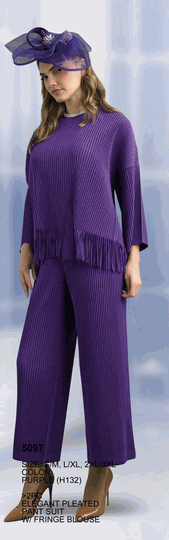 Lily & Taylor <br> (Volume 134) <br> LT5097 <br> <br> Purple <br> S/M L/XL 2XL/3XL<BR><BR>2 Pc Elegant Pleated Pant Suit w/Fringe Blouse