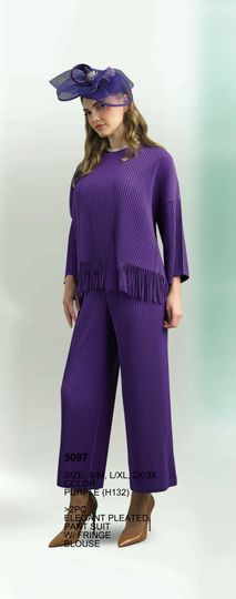 Lily & Taylor <br> (Fall/Holiday 2025 Vol. 132) <br> LT5097 <br> <br> Purple <br> S/M L/XL 2X/3X<BR><BR>2 Piece Elegant Pleated Pant Suit w/Fringe Blouse