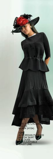Lily & Taylor <br> (Fall/Holiday 2025 Vol. 132) <br> LT5101 <br> <br> Black <br> S/M L/XL 2X/3X<BR><BR>2 Piece Accordian Pleated Hi-Low Skirt & Blouse w/Adjustable Waist Line