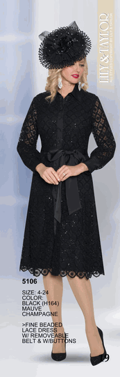 Lily & Taylor <br> (Volume 134) <br> LT5106 <br> <br> Black  <br>  Mauve  <br>  Champagne <br> 4 6 8 10 12 14<br>   16 18 20 22 24<BR><BR>Fine Beaded Lace Dress w/Removable Belt & w/Buttons