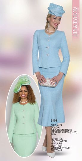 Lily & Taylor <br> (Volume 133) <br> LT5109 <br> <br> Ice-Green  <br>    Ice-Blue     <br>  Pink <br> 4 6 8 10 12 14 16 18 20 22 24<BR><BR>2PC Fine Light Tweed Flare Skirt Suit w/ Rhinestone Buttons