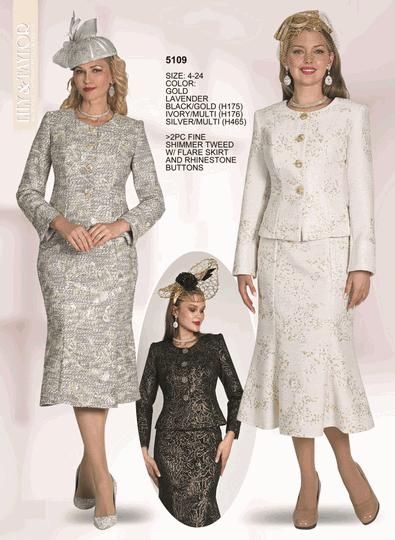 Lily & Taylor <br> (Volume 136) <br> LT5109 <br> <br> GOLD <br>  LAVENDER <br>  BLACK/GOLD <br>  IVORY/MULTI <br>  SILVER/MULTI <br> 4 6 8 10 12 14 16 18 20 22 24<BR><BR>2Pc Fine Shimmer Tweed w/Flare Skirt And Rhinestone Buttons