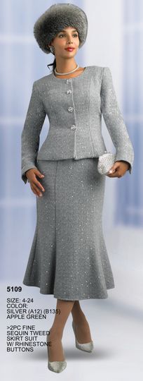 Lily & Taylor <br> (Fall/Holiday 2025 Vol. 132) <br> LT5109 <br> <br> Silver  <br>  Apple-Green <br> 4 6 8 10 12 14 16 <br> 18 20 22 24<BR><BR>2 Piece Fine Sequin Tweed Skirt Suit w/Rhinestone Buttons