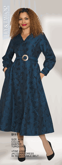 Lily & Taylor <br> (Volume 134) <br> LT5111 <br> <br> Hunter  <br>  Turquoise <br> 4 6 8 10 12 14<br>   16 18 20 22 24<BR><BR>Fine Light Jacquard Dress w/Removable Belt