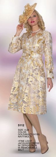 Lily & Taylor <br> (Volume 133) <br> LT5112 <br> <br> Gold/Multi    <br>  Navy/Multi <br> 4 6 8 10 12 14 16 18 20 22 24<BR><BR>Fine Light Jacquard Dress w/ Zipper Front & Removable Belt