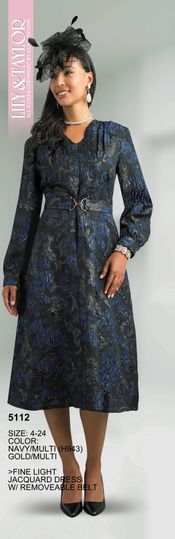 Lily & Taylor <br> (Fall/Holiday 2025 Vol. 132) <br> LT5112 <br> <br> Navy/Multi  <br>  Gold/Multi <br> 4 6 8 10 12 14 16 <br> 18 20 22 24<BR><BR>Fine Light Jacquard Dress w/Removeable Belt