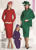 Lily & Taylor <br> (Volume 136) <br> LT840 <br> <br> RED <br>  BLACK <br>  MAUVE <br>  BROWN <br>  PURPLE <br>  YELLOW <br>  EMERALD <br>  CHAMPAGNE <br>  BURNT-ORANGE <br> S M L XL 1x 2x 3x<BR><BR>3Pc Fine Knit Skirt Suit w/Luxury Trim Braided Jacket w/Rhinestone Buttons