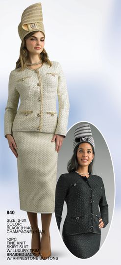 Lily & Taylor <br> (Fall/Holiday 2025 Vol. 132) <br> LT840 <br> <br> Black  <br>  Champagne <br> S M L XL 1x 2x 3x<BR><BR>2 Piece Fine Knit Skirt Suit w/Luxury Trim Braided Jacket w/Rhinestone Buttons