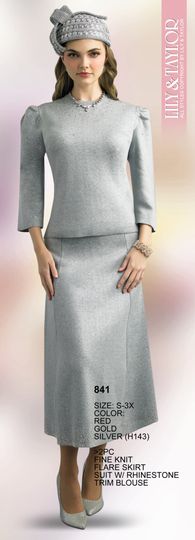 Lily & Taylor <br> (Fall/Holiday 2025 Vol. 132) <br> LT841 <br> <br> Red  <br>  Gold  <br>  Silver <br> S M L XL 1x 2x 3x<BR><BR>2 Piece Fine Knit Flare Skirt Suit w/Rhinestone Trim Blouse