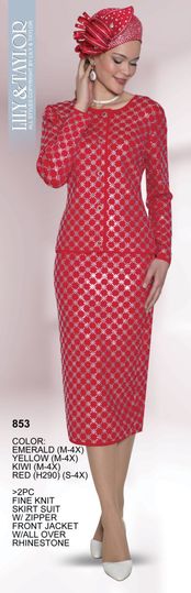 Lily & Taylor <br> (Volume 133) <br> LT853 <br> <br> EMERALD  <br>  YELLOW  <br>   KIWI    <br>  RED   <br> S M L 1x 2x 3x 4x<BR><BR>2PC FINE KNIT SKIRT SUIT W/ ZIPPER FRONT JACKET W/ ALL OVER RHINESTONE