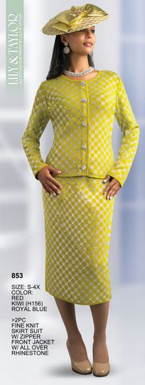Lily & Taylor <br> (Fall/Holiday 2025 Vol. 132) <br> LT853 <br> <br> Red  <br>  Kiwi  <br>  Royal-Blue <br> S M L XL 1x 2x 3x 4x<BR><BR>2 Piece Fine Knit Skirt Suit w/Zipper Front Jacket w/All Over Rhinestone