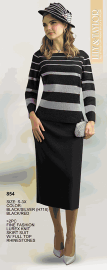 Lily & Taylor <br> (Fall/Holiday 2025 Vol. 132) <br> LT854 <br> <br> Black/Silver  <br>  Black/Red <br> S M L XL 1x 2x 3x<BR><BR>2 Piece Fine Fashion Lurex Knit Skirt Suit w/Full Top Rhinestones