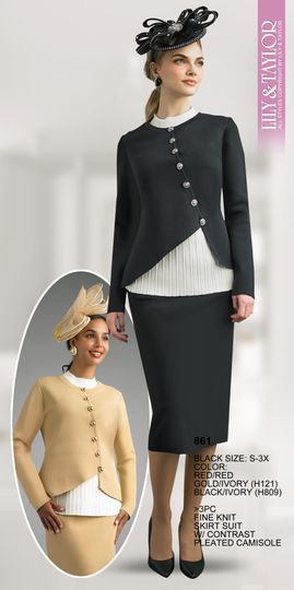 Lily & Taylor <br> (Fall/Holiday 2025 Vol. 132) <br> LT861 <br> <br> Red/Red  <br>  Gold/Ivory  <br>  Black/Ivory <br> S M L XL 1x 2x 3x<BR><BR>3 Piece Fine Knit Skirt Suit w/Contrast Pleated Camisole