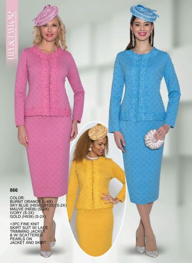 Lily & Taylor <br> (Volume 133) <br> LT866 <br> <br>  Burnt-Orange   <br>  Sky-Blue    <br>  Mauve    <br>  Ivory  <br>  Gold   <br>  S M L 1x 2x 3x<BR><BR> 3PC Fine Knit Skirt Suit with Lace Trimming Jacket & Scattered Pearls on Jacket and Skirt