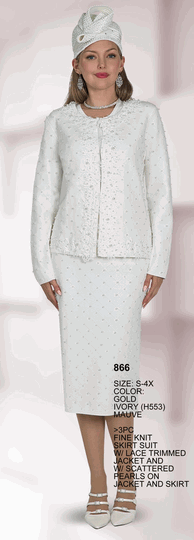 Lily & Taylor <br> (Volume 136) <br> LT866 <br> <br> GOLD <br>  IVORY <br>  MAUVE <br> S M L XL 1x 2x 3x 4x<BR><BR>3Pc Fine Knit Skirt Suit w/Lace Trimmed Jacket And w/Scattered Pearls On Jacket And Skirt