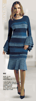 Lily & Taylor <br> (Fall/Holiday 2025 Vol. 132) <br> LT882 <br> <br> Navy/Multi <br> S M L XL 1x 2x 3x<BR><BR>Couture Collection - Figure Flattering Denim Look Knit Dress w/Ruffles Sleeves & Bottom