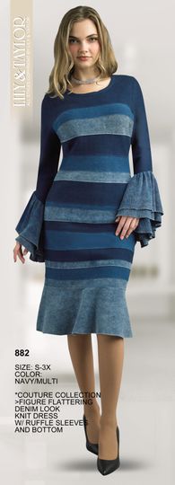 Lily & Taylor <br> (Fall/Holiday 2025 Vol. 132) <br> LT882 <br> <br> Navy/Multi <br> S M L XL 1x 2x 3x<BR><BR>Couture Collection - Figure Flattering Denim Look Knit Dress w/Ruffles Sleeves & Bottom