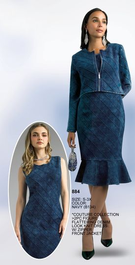 Lily & Taylor <br> (Fall/Holiday 2025 Vol. 132) <br> LT884 <br> <br> Navy <br> S M L XL 1x 2x 3x<BR><BR>Couture Collection - 2 Piece Figure Flattering Denim Look Knit Dress w/Zipper Front Dress