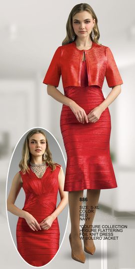 Lily & Taylor <br> (Fall/Holiday 2025 Vol. 132) <br> LT886 <br> <br> Red  <br>  Navy <br> S M L XL<BR><BR>Couture Collection - Figure Flattering Foil Knit w/Bolero Dress