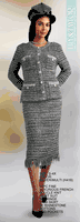 Lily & Taylor <br> (Fall/Holiday 2025 Vol. 132) <br> LT889 <br> <br> Silver/Multi <br> S M L XL 1x 2x 3x 4x<BR><BR>2 Piece Fine Luxurious French Boucle Knit Skirt Suit w/Fringe Trim Skirt w/Rhinestone Buttons & Pockets