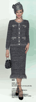 Lily & Taylor <br> (Volume 133) <br> LT889 <br> <br>  Silver/Multi <br>  S M L 1x 2x 3x <BR><BR> 2PC Fine Luxurious French Boucle Knit Skirt Suit with Fringe Trim Skirt, Rhinestone Buttons and Pockets