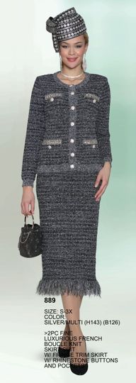 Lily & Taylor <br> (Volume 133) <br> LT889 <br> <br>  Silver/Multi <br>  S M L 1x 2x 3x <BR><BR> 2PC Fine Luxurious French Boucle Knit Skirt Suit with Fringe Trim Skirt, Rhinestone Buttons and Pockets