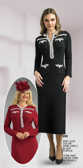 Lily & Taylor <br> (Fall/Holiday 2025 Vol. 132) <br> LT890 <br> <br> Wine  <br>  Black  <br>  Purple <br> S M L XL 1x 2x 3x<BR><BR>Fine Knit Dress Trim w/Pearls
