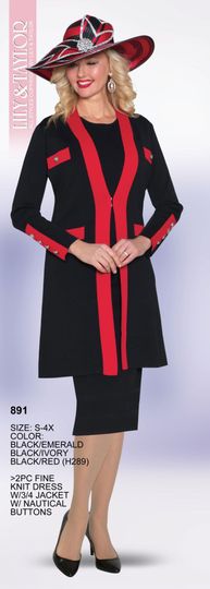 Lily & Taylor <br> (Volume 133) <br> LT891 <br> <br> Black/Emerald   <br>  Black/Ivory   <br>  Black/Red <br> S M L 1x 2x 3x 4x<BR><BR>2PC Fine Knit Dress w/ 3/4 Jacket w/ Nautical Buttons