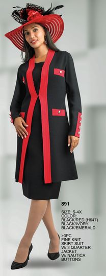 Lily & Taylor <br> (Fall/Holiday 2025 Vol. 132) <br> LT891 <br> <br> Black/Red  <br>  Black/Ivory  <br>  Black/Emerald <br> S M L XL 1x 2x 3x 4x<BR><BR>3 Piece Fine Knit Skirt Suit 3/4 Jacket w/Nautica Buttons