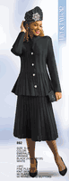 Lily & Taylor <br> (Fall/Holiday 2025 Vol. 132) <br> LT892 <br> <br> Emerald  <br>  Orange  <br>  Black  <br>  White <br> S M L XL 1x 2x 3x<BR><BR>3 Piece Fine Pleated Knit Skirt Suit w/Flare Skirt w/Rhinestone Buttons