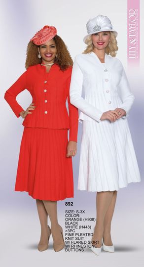 Lily & Taylor <br> (Volume 133) <br> LT892 <br> <br> Orange   <br>  Black   <br>  White <br> S M L 1x 2x 3x<BR><BR>3PC Fine Pleated Knit Suit w/ Flared Skirt w/ Rhinestone Buttons
