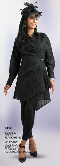 Lily & Taylor <br> (Fall/Holiday 2025 Vol. 132) <br> LTS110 <br> <br> Black <br> <BR>Elegant Lace Blouse w/Side Button Closure (Legging Not Included)<BR>
