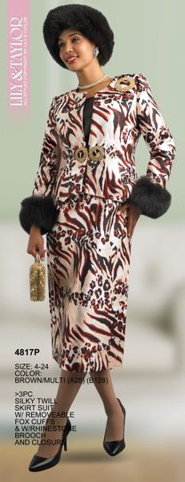 Lily & Taylor <br> (Fall/Holiday 2025 Vol. 132) <br> LT4817P <br> <br> Brown/Multi <br> 4 6 8 10 12 14 16 <br> 18 20 22 24<BR><BR>3 Piece Silky Twill w/Removeable Fox Cuffs & w/Rhinestone Brooch & Closure