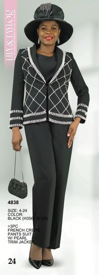 Lily & Taylor <br> (Specials) <br> LT4838 <br> <br> Black <br> 4  8 12 14 <br>  16 18 20 22 24<BR><BR>3 Piece French Crepe Pant Suit w/Pearl Trim Jacket