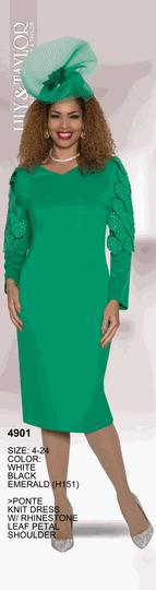 Lily & Taylor <br> (Volume 134) <br> LT4901 <br> <br> White  <br>  Black  <br>  Emerald <br> 4 6 8 10 12 14<br>   16 18 20 22 24<BR><BR>Ponte Knit Dress w/Rhinestone Leaf Petal Shoulder