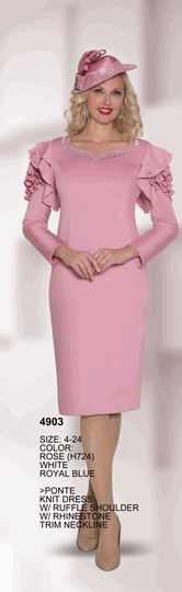 Lily & Taylor <br> (Volume 134) <br> LT4903 <br> <br> Rose  <br>  White  <br>  Royal-Blue <br> 4 6 8 10 12 14<br>   16 18 20 22 24<BR><BR>Ponte Knit Dress w/Ruffle Shouldler & Rhinestone Leaf Trim Neckline