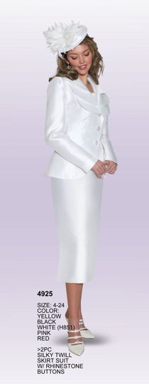 Lily & Taylor <br> (Volume 133) <br> LT4925 <br> <br> Yellow   <br>  Black   <br>  White    <br>  Pink   <br>  Red <br> 4 6 8 10 12 14 16 18 20 22 24<BR><BR>2PC Silky Twill Skirt Suit w/ Rhinestone Buttons