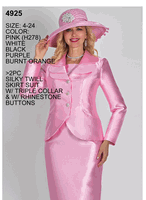 Lily & Taylor <br> (Volume 136) <br> LT4925 <br> <br> PINK <br>  WHITE <br>  BLACK <br>  PURPLE <br>  BURNT-ORANGE <br> 4 6 8 10 12 14 16 18 20 22 24<BR><BR>2Pc Silky Twill Skirt Suit w/Triple Collar & w/Rhinestone Buttons