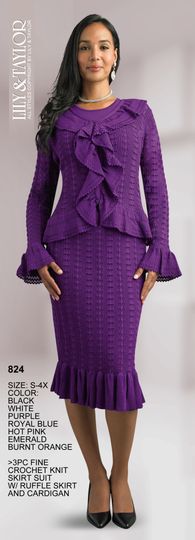 Lily & Taylor <br> (Fall/Holiday 2025 Vol. 132) <br> LT824 <br> <br> Black  <br>  White  <br>  Purple  <br>  Royal-Blue  <br>  Hot-Pink  <br>  Emerald  <br>  Burnt-Orange <br> S M L XL 1x 2x 3x 4x<BR><BR>3 Piece Fine Crochet Knit Skirt Suit w/Ruffle Skirt & Cardigan