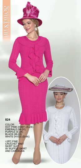 Lily & Taylor <br> (Volume 133) <br> LT824 <br> <br> HOT-PINK  <br>   EMERALD  <br>   PURPLE  <br>   BLACK  <br>   WHITE   <br> S M L 1x 2x 3x 4x<BR><BR>3PC FINE CROCHET KNIT SKIRT SUIT W/ RUFFLE SKIRT AND CARDIGAN