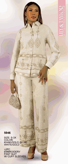 Lily & Taylor <br> (SALE) <br> LT5046-Wh <br> <br> White/Gold <br> S M L XL 2x<BR><BR>2 Piece Pant Suit
