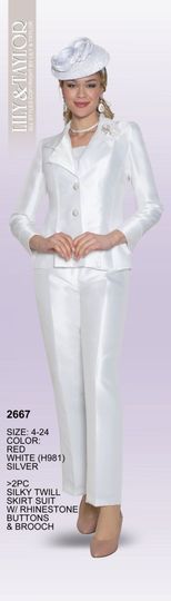 Lily & Taylor <br> (Volume 133) <br> LT2667 <br> <br> Red   <br>  White  <br>  Silver <br> 4 6 8 10 12 14 16 18 20 22 24<BR><BR>2PC Silky Twill Skirt Suit w/ Rhinestone Buttons & Brooch
