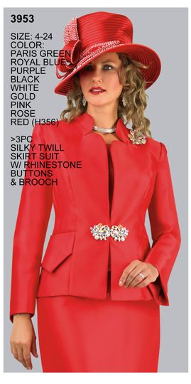 Lily & Taylor <br> (Spring/Summer Vol 128) <br> LT3953 <br> <br> Paris-Green  <br>  Royal-Blue  <br>  Purple  <br>  Black  <br>  White  <br>  Gold  <br>  Pink  <br>  Rose  <br>  Red <br> <BR><BR>3 Pc. Silky Twill Skirt Suit w/Rhinestone Brooch & Closure