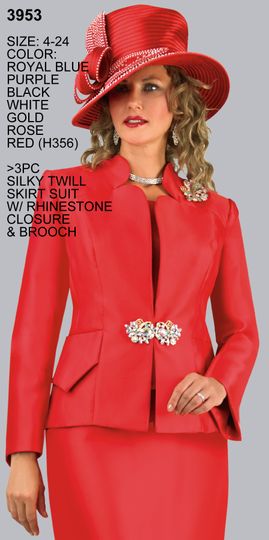 Lily & Taylor <br> (Volume 133) <br> LT3953 <br> <br> Royal-Blue   <br>  Purple   <br>  Black   <br>  White   <br>  Gold   <br>  Rose   <br>  Red <br>  4 6 8 10 12 14 16 18 20 22 24 <BR><BR> 3PC Silky Twill Skirt Suit with Rhinestone Closure & Brooch